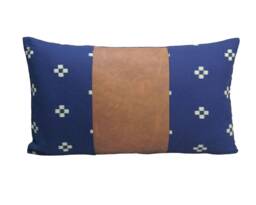 "Chiang Mai Cotton Block Print Pillow Cover, Faux Leather Lumbar Cushion - 12""x20" - thumbnail 1