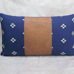 "Chiang Mai Cotton Block Print Pillow Cover, Faux Leather Lumbar Cushion - 12""x20" - thumbnail 2