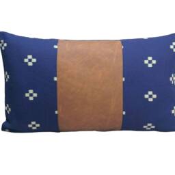 "Chiang Mai Cotton Block Print Pillow Cover, Faux Leather Lumbar Cushion - 12""x20" - thumbnail 2