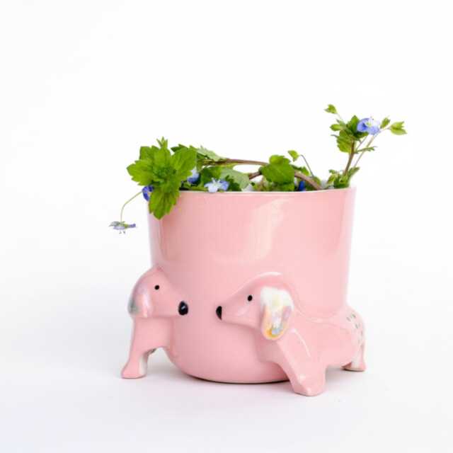 Ceramic Pink Dachshund Planter, Handmade Sausage Dog Plant Pot - image 1