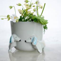Ceramic Pink Dachshund Planter, Handmade Sausage Dog Plant Pot - thumbnail 3