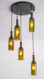 Wine Bottle Industrial Pendant Light Fixture - Chandelier Made From 5 Bottles For Foyer & Stairway