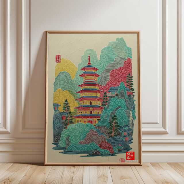 Chinese Pagoda Poster, Colourful Temple Illustration, Traditional Architecture Art Print - image 1