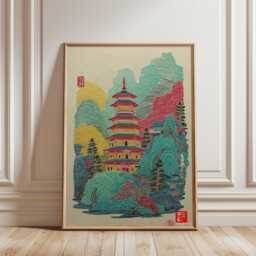 Chinese Pagoda Poster, Colourful Temple Illustration, Traditional Architecture Art Print - thumbnail 1