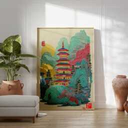 Chinese Pagoda Poster, Colourful Temple Illustration, Traditional Architecture Art Print - thumbnail 3