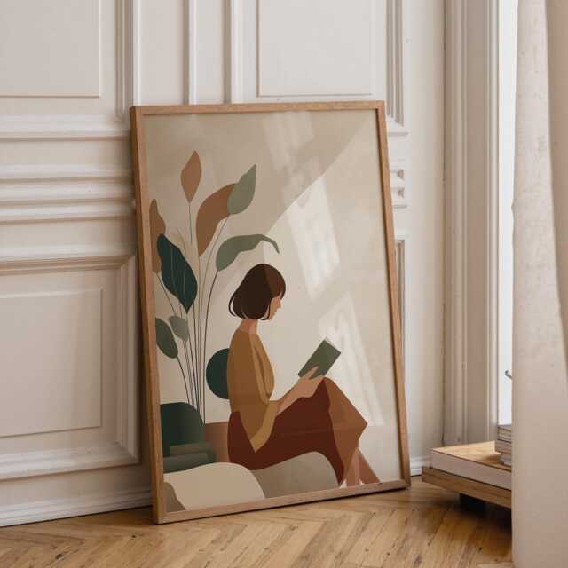 Bookish Wall Art - Woman Sat Reading Print Book Lover Poster Botanical Scandinavian - image 1