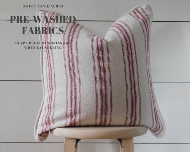 Piped Edge Grain Sack Burgundy Stripe Pillow Cover - Farmhouse 12 Beige Fabric