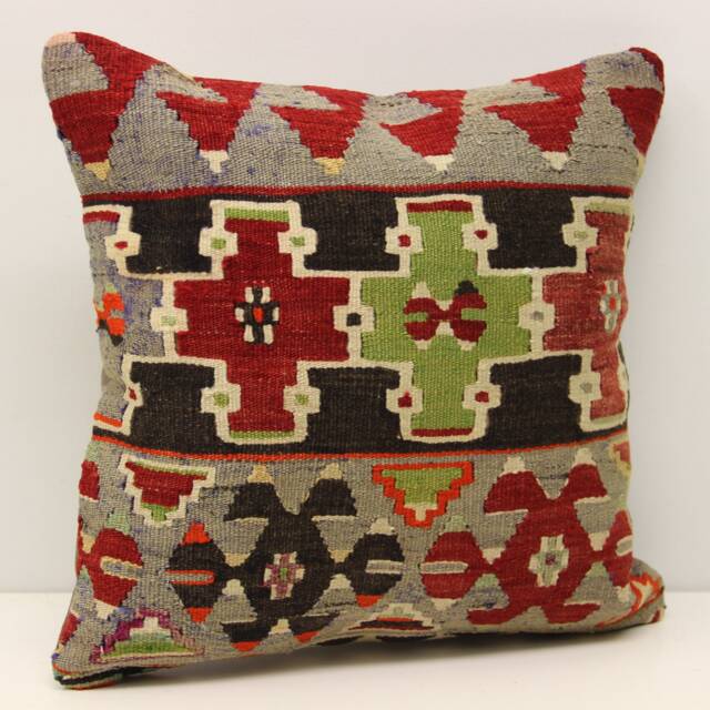 Vintage Turkish Kilim Pillow Cover, Boho Home Decor - 16x16 Inch - image 1
