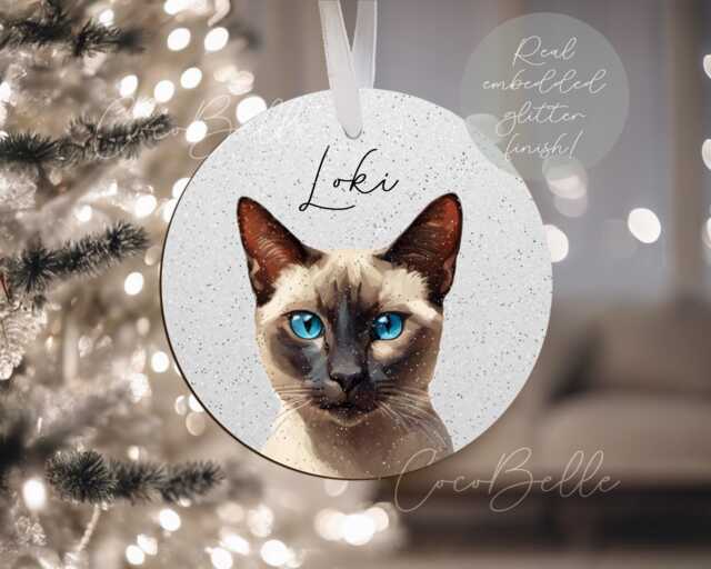 Personalised Siamese Cat Bauble, Any Colour Digital Illustration Real Glitter Name Christmas Gift Ideas Lover Owner Tonkinese Oriental - image 1