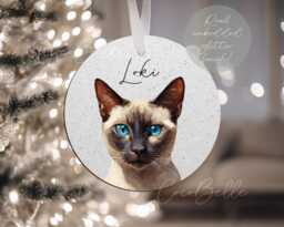 Personalised Siamese Cat Bauble, Any Colour Digital Illustration Real Glitter Name Christmas Gift Ideas Lover Owner Tonkinese Oriental - thumbnail 1