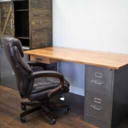 Modern Desk With 2 Drawer Brushed Steel File Cabinet & Legs Solid Wood Top, Industrial Office, Urban Office Handmade in Usa - thumbnail 2