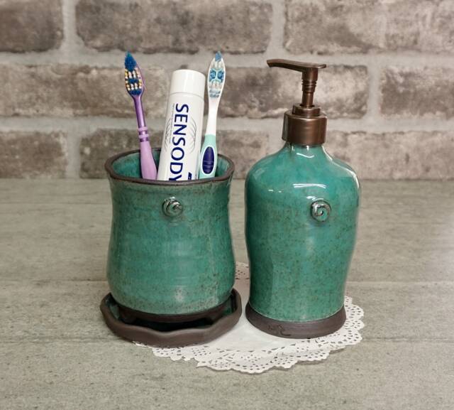 Handmade Blue Ceramic Bathroom Set Soap Dispenser & Toothbrush Holder - image 1