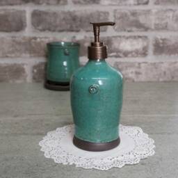 Handmade Blue Ceramic Bathroom Set Soap Dispenser & Toothbrush Holder - thumbnail 4