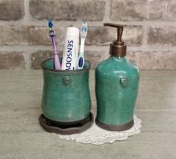 Handmade Blue Ceramic Bathroom Set Soap Dispenser & Toothbrush Holder - thumbnail 1