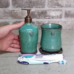 Handmade Blue Ceramic Bathroom Set Soap Dispenser & Toothbrush Holder - thumbnail 2