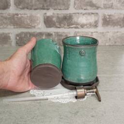Handmade Blue Ceramic Bathroom Set Soap Dispenser & Toothbrush Holder - thumbnail 3