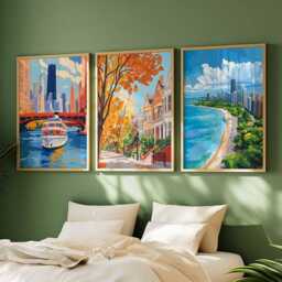 Set Of 3 Chicago Posters, Illinois Travel Prints, Cityscape Wall Art Set, Us Gift, City - thumbnail 2
