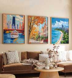 Set Of 3 Chicago Posters, Illinois Travel Prints, Cityscape Wall Art Set, Us Gift, City - thumbnail 1