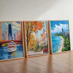 Set Of 3 Chicago Posters, Illinois Travel Prints, Cityscape Wall Art Set, Us Gift, City - thumbnail 3