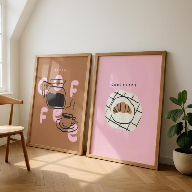 Set Of 2 Coffee Prints - Pink Brown Prints Kitchen Home Decor Cafe Croissant Wall Art - image 1