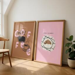 Set Of 2 Coffee Prints - Pink Brown Prints Kitchen Home Decor Cafe Croissant Wall Art - thumbnail 1