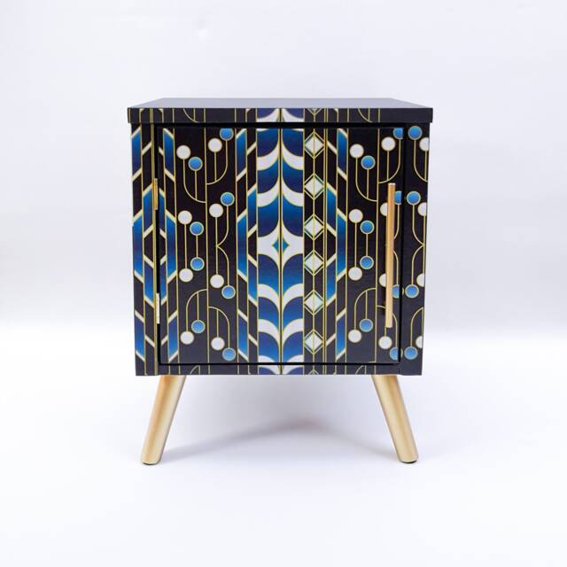 Vintage Art Deco Bedside Cabinet Blue Geometric Hand-Painted Nightstand - image 1