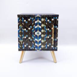 Vintage Art Deco Bedside Cabinet Blue Geometric Hand-Painted Nightstand