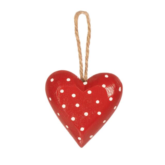 Red Wooden Heart With White Polka Dots Christmas Tree Hanging Decoration - Winter Festive Rustic Nordic Hygge Natural Gift Friends Family
