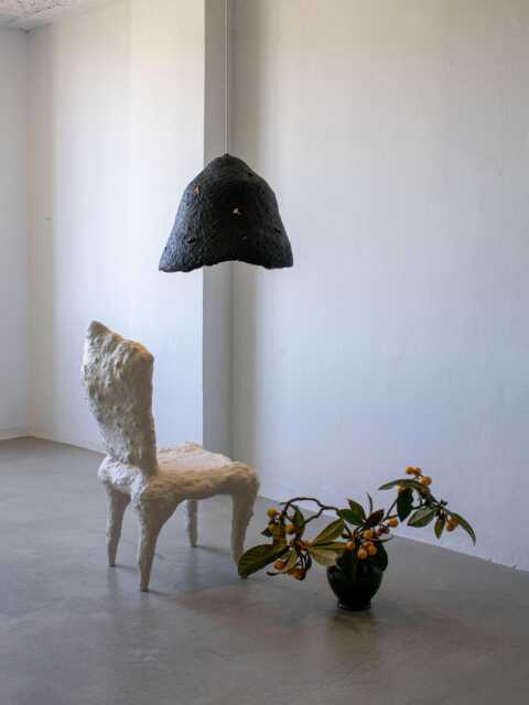 Paper Mache Large Pendant Light, Ceiling Lamp Calyx Of A Flower, Black Brutalist - image 1