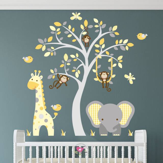 Wall Decals, Safari Jungle Animals Nursery Set, Mustard & Grey, Removable Fabric Stickers - image 1