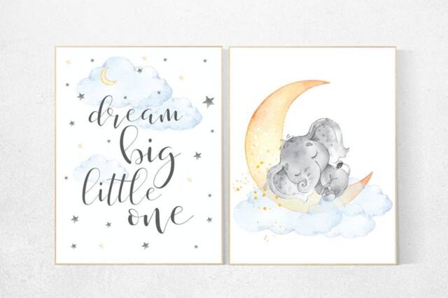 Elephant Nursery Art Print Dream Big, Moon & Stars - image 1