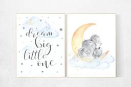 Elephant Nursery Art Print Dream Big, Moon & Stars - thumbnail 1