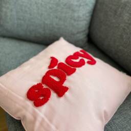 "Handmade Punch Needle Pillow Cover Pink Linen, " - thumbnail 2