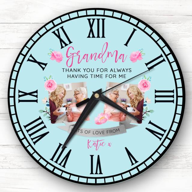 Grandma Photo Flowers Bright Blue Personalised Gift Clock - image 1
