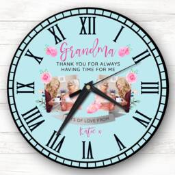 Grandma Photo Flowers Bright Blue Personalised Gift Clock - thumbnail 1