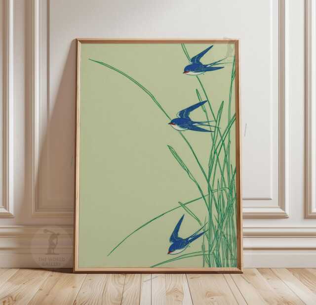Minimalist Bird Art Print - Nature Illustration With Green Background Flying Birds Decor - image 1