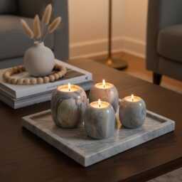 Handmade Onyx Candle Holders - Set Of 4, Marble Vein Stone Accent