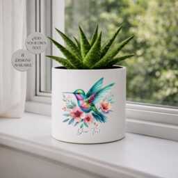 Personalised Hummingbird Plant Pot - Custom Ceramic Planter Watercolour Bird Flower Nature Lover Gift - thumbnail 2