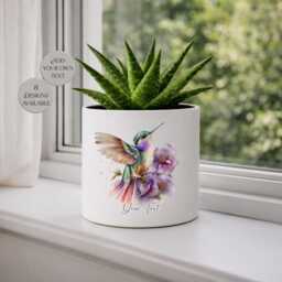 Personalised Hummingbird Plant Pot - Custom Ceramic Planter Watercolour Bird Flower Nature Lover Gift - thumbnail 3