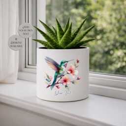 Personalised Hummingbird Plant Pot - Custom Ceramic Planter Watercolour Bird Flower Nature Lover Gift