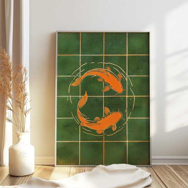 Japanese Koi Fish Print - Traditional Art, Woodblock Print, Home Decor, Nautical Coastal Art - image 1