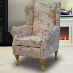 World Map Wingback Armchair - Travel Accent Chair Handmade in Britain
