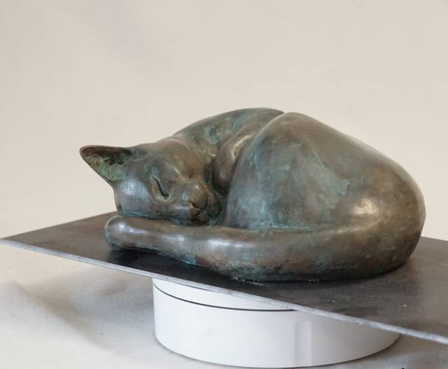 Curled Up Cat Urn, Bronze Sculpture, Memorial, For Ashes - Verdigris Patina By Christine Baxter - image 1