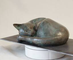 Curled Up Cat Urn, Bronze Sculpture, Memorial, For Ashes - Verdigris Patina By Christine Baxter