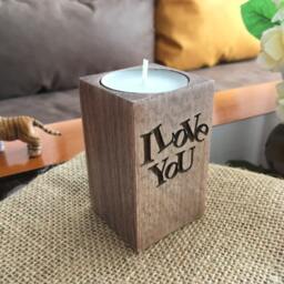 "Wooden Candle Holder With Engraved ""I Love You" - thumbnail 2