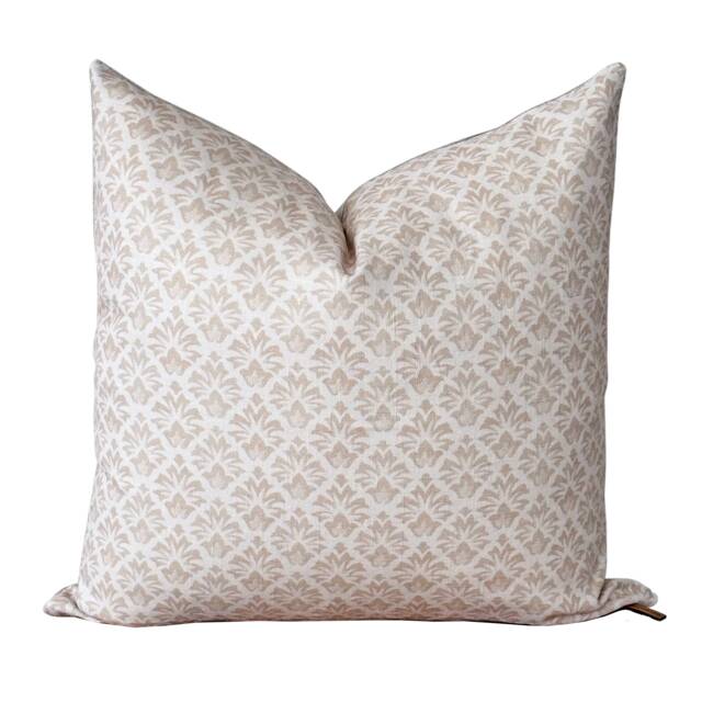 Cream Block Print Pillow Cover - Beige Hand Linen Accent Designer Cushion Modern Farmhouse Decor Kiley - image 1