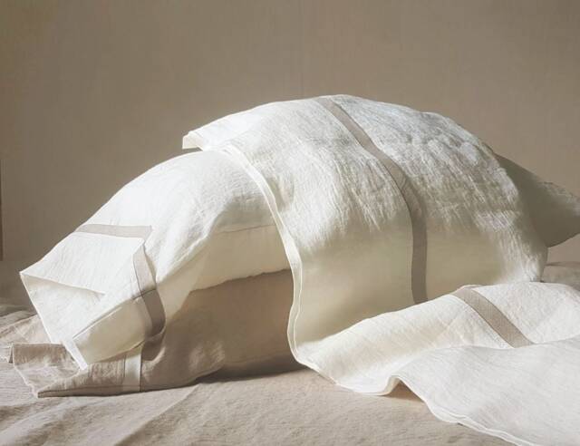 Linen Sheet Set in White With Contrasting Flax Linen Trim - Softened Top Sheet, Fitted 2 Pillowcases Luxury Bedding - image 1