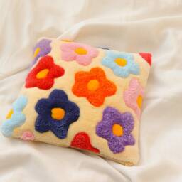 Daisy Tufted Flower Pillow - Handmade Purple Yellow Floral Pillowcase - thumbnail 2