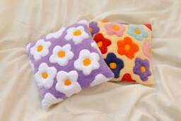 Daisy Tufted Flower Pillow - Handmade Purple Yellow Floral Pillowcase