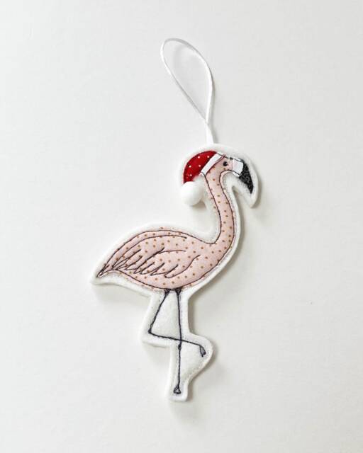 Flamingo Christmas Decoration, Ornament, Tree, Hanging Santa Hat, Pom Pom, Pink, Fabric, Embroidery Art, Cornwall - image 1